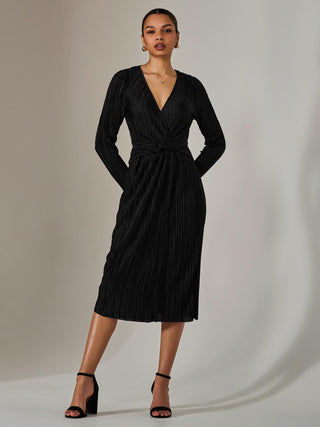 Plisse Long Sleeve Midi Dress, Black