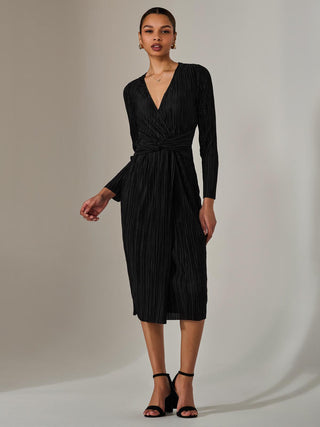 Plisse Long Sleeve Midi Dress, Black