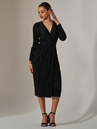 Plisse Long Sleeve Midi Dress, Black