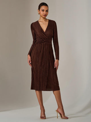 Plisse Long Sleeve Midi Dress, Brown