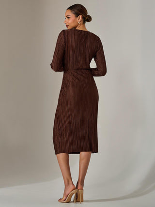 Plisse Long Sleeve Midi Dress, Brown
