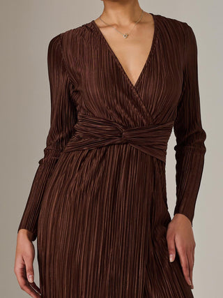 Plisse Long Sleeve Midi Dress, Brown