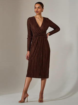 Plisse Long Sleeve Midi Dress, Brown