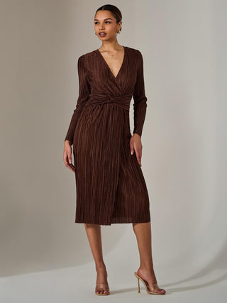 Plisse Long Sleeve Midi Dress, Brown
