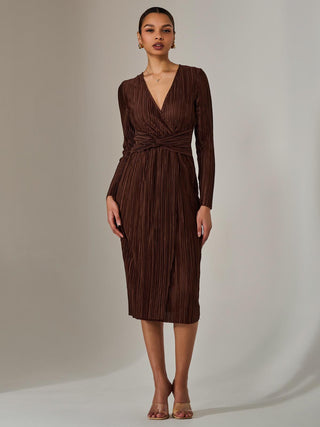 Plisse Long Sleeve Midi Dress, Brown