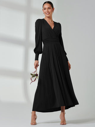 Long Sleeve Soft Silky Jersey Maxi Dress, Black