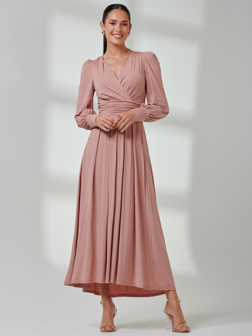 Long Sleeve Soft Silky Jersey Maxi Dress, Dusty Pink – Jolie Moi Wholesale