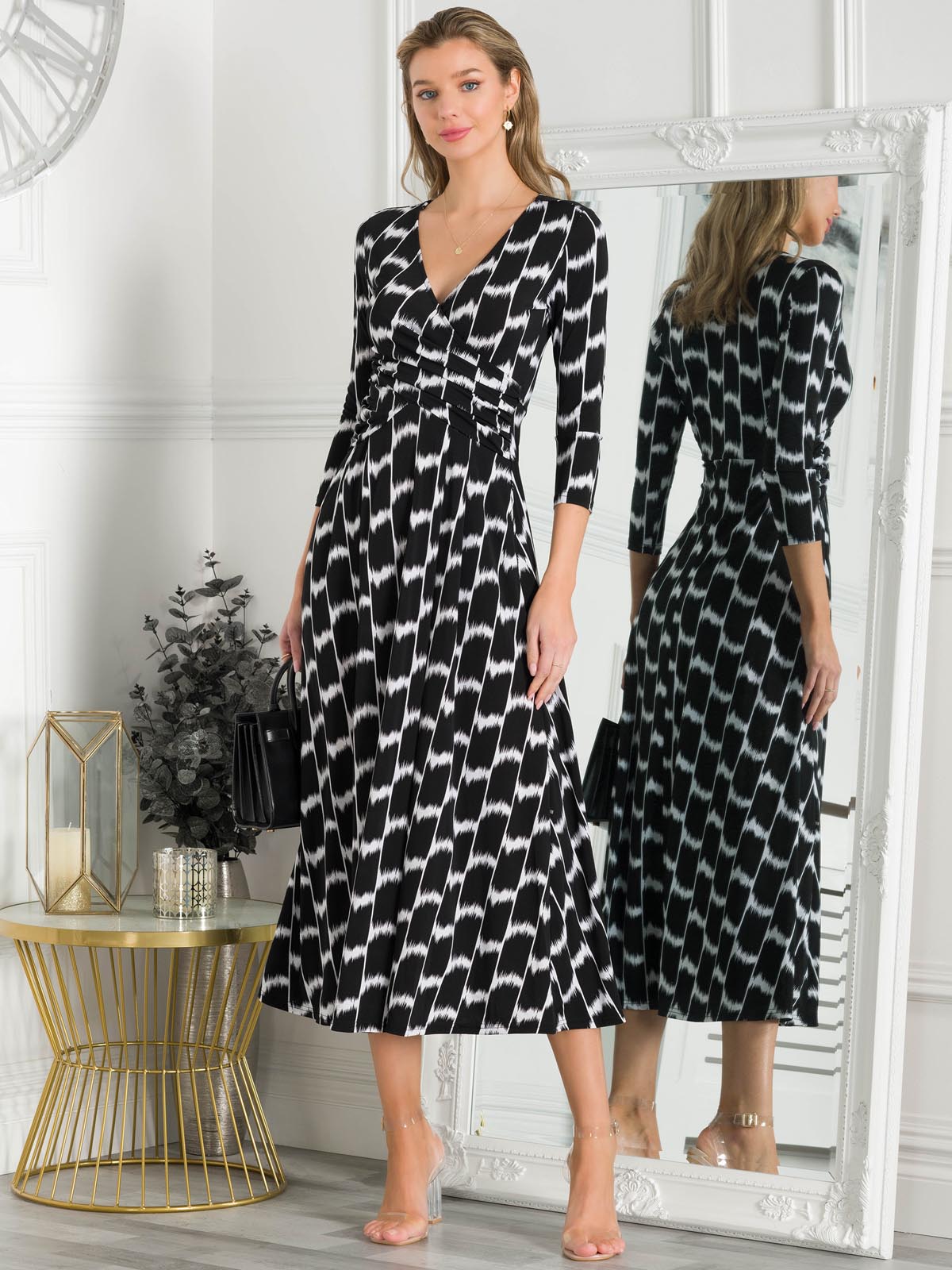 Quintella Jersey Side Split Maxi Dress, Black Geo