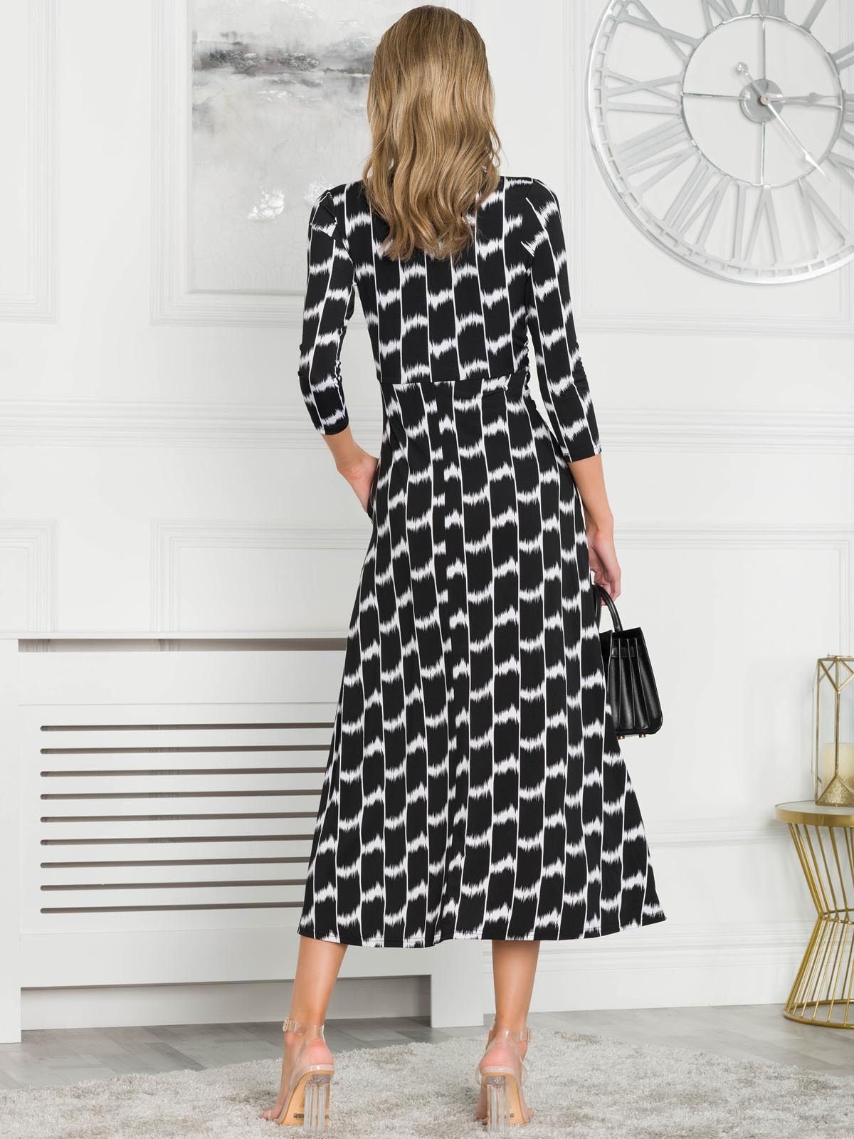 Quintella Jersey Side Split Maxi Dress, Black Geo