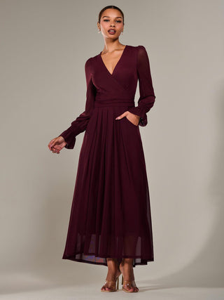 Long Sleeve Mesh Maxi Dress, Burgundy