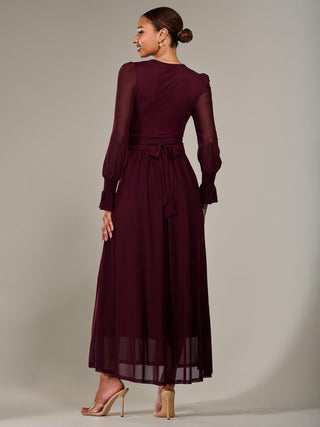 Long Sleeve Mesh Maxi Dress, Burgundy