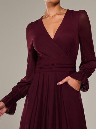 Long Sleeve Mesh Maxi Dress, Burgundy
