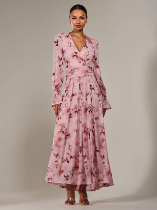 Long Sleeve Mesh Maxi Dress, Pink Abstract