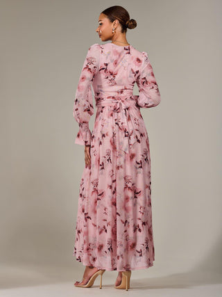 Long Sleeve Mesh Maxi Dress, Pink Abstract