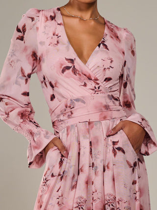 Long Sleeve Mesh Maxi Dress, Pink Abstract