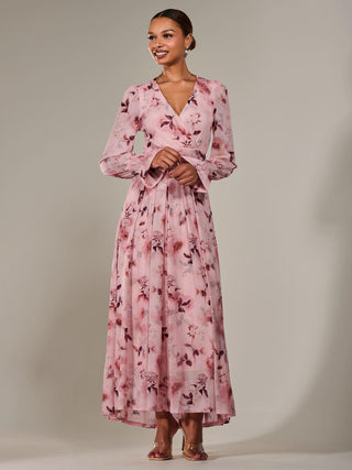 Long Sleeve Mesh Maxi Dress, Pink Abstract