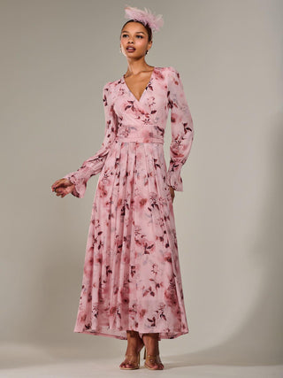 Long Sleeve Mesh Maxi Dress, Pink Abstract