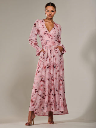 Long Sleeve Mesh Maxi Dress, Pink Abstract