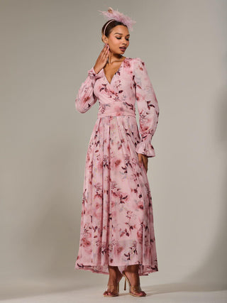 Long Sleeve Mesh Maxi Dress, Pink Abstract