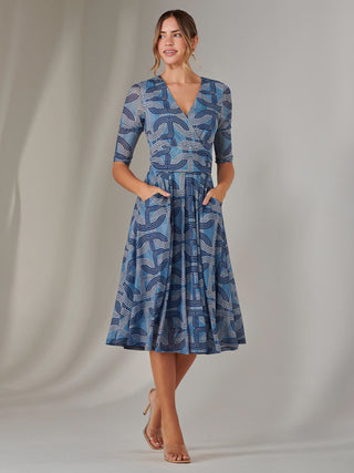 Mesh Wrap Midi Dress, Blue Pattern