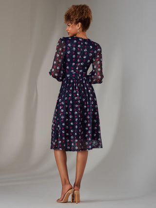 Long Sleeve Lace Print Midi Dress, Navy Abstract