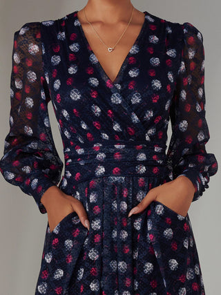Long Sleeve Lace Print Midi Dress, Navy Abstract