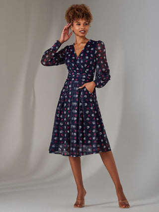 Long Sleeve Lace Print Midi Dress, Navy Abstract