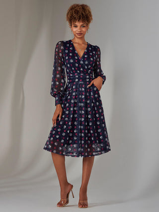 Long Sleeve Lace Print Midi Dress, Navy Abstract