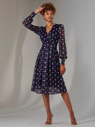 Long Sleeve Lace Print Midi Dress, Navy Abstract
