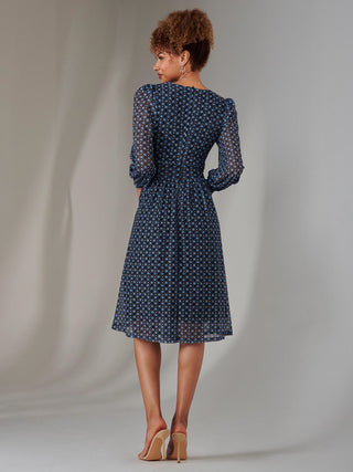 Long Sleeve Lace Print Midi Dress, Navy Geo
