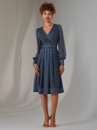 Long Sleeve Lace Print Midi Dress, Navy Geo