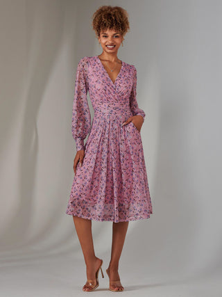 Long Sleeve Lace Print Midi Dress, Pink Floral