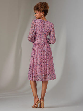 Long Sleeve Lace Print Midi Dress, Pink Floral