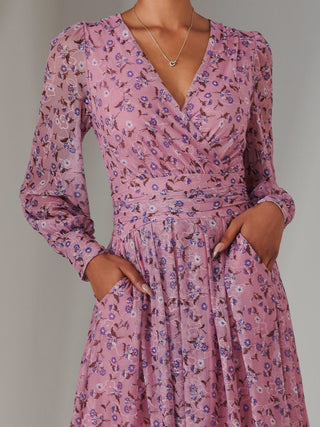 Long Sleeve Lace Print Midi Dress, Pink Floral