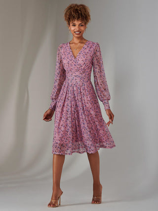 Long Sleeve Lace Print Midi Dress, Pink Floral