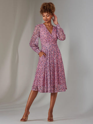 Long Sleeve Lace Print Midi Dress, Pink Floral