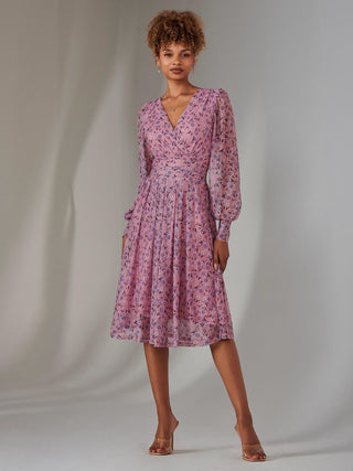 Long Sleeve Lace Print Midi Dress, Pink Floral