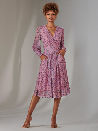 Long Sleeve Lace Print Midi Dress, Pink Floral