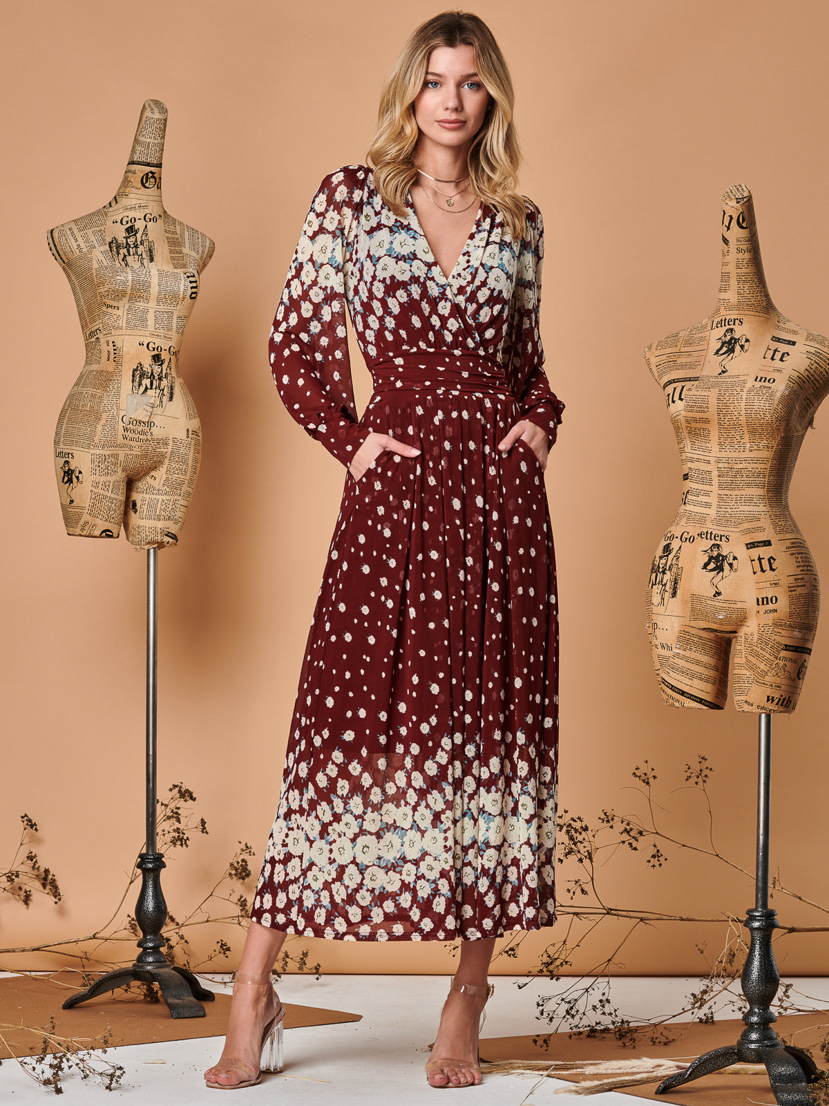 Symmetrical Print Mesh Maxi Dress, Burgundy