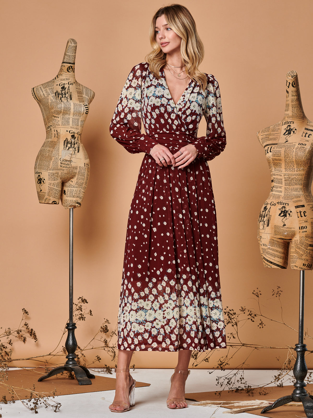 Symmetrical Print Mesh Maxi Dress, Burgundy