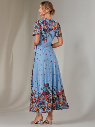 Mirror Print Mesh Wrap Maxi Dress, Blue Floral