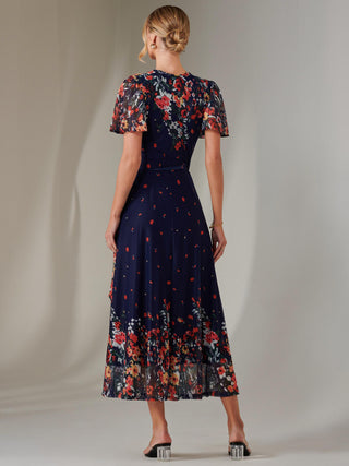 Mirror Print Mesh Wrap Maxi Dress, Floral Multi