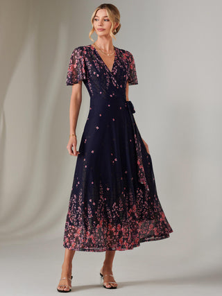 Mirror Print Mesh Wrap Maxi Dress, Navy Floral