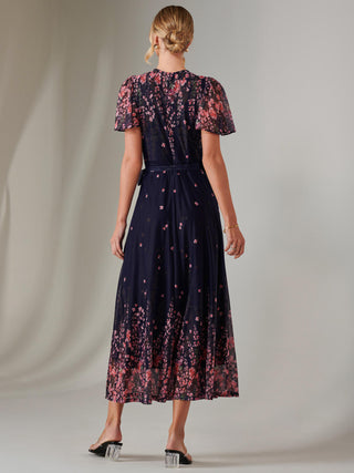 Mirror Print Mesh Wrap Maxi Dress, Navy Floral