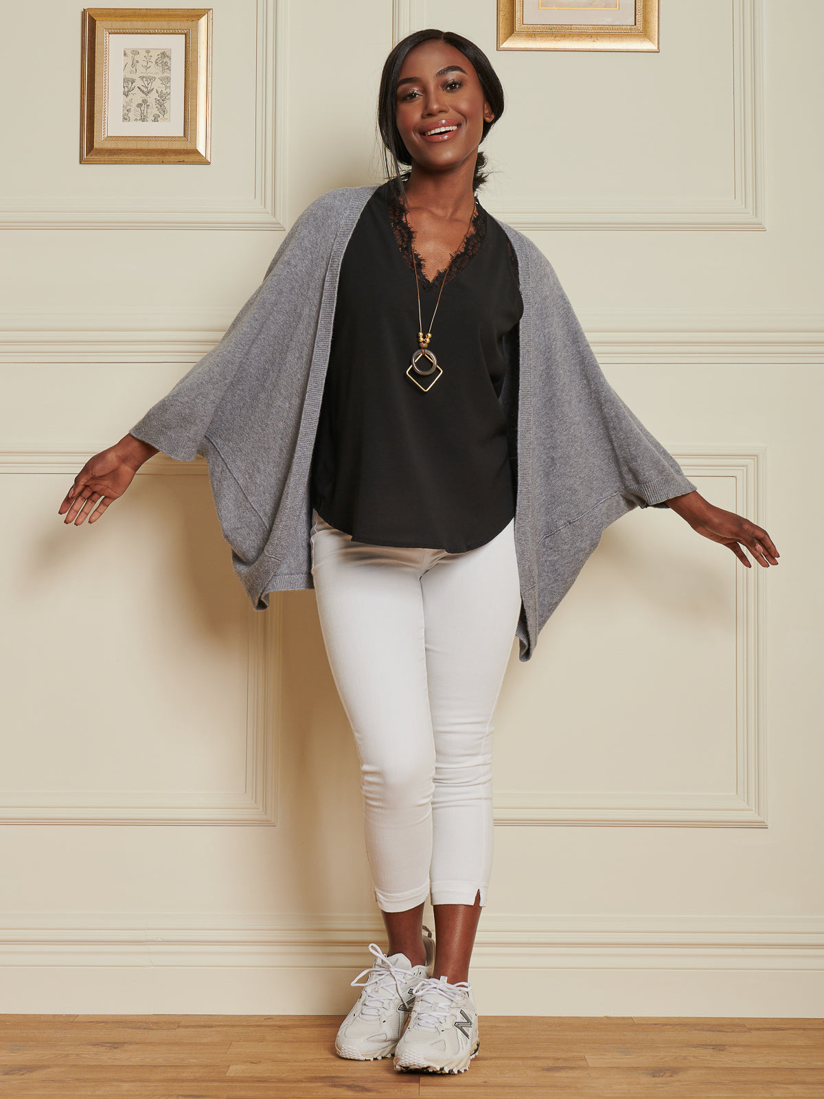 Made In Italy Loose Fit Batwing Knitted Cardigan, Grey Heather