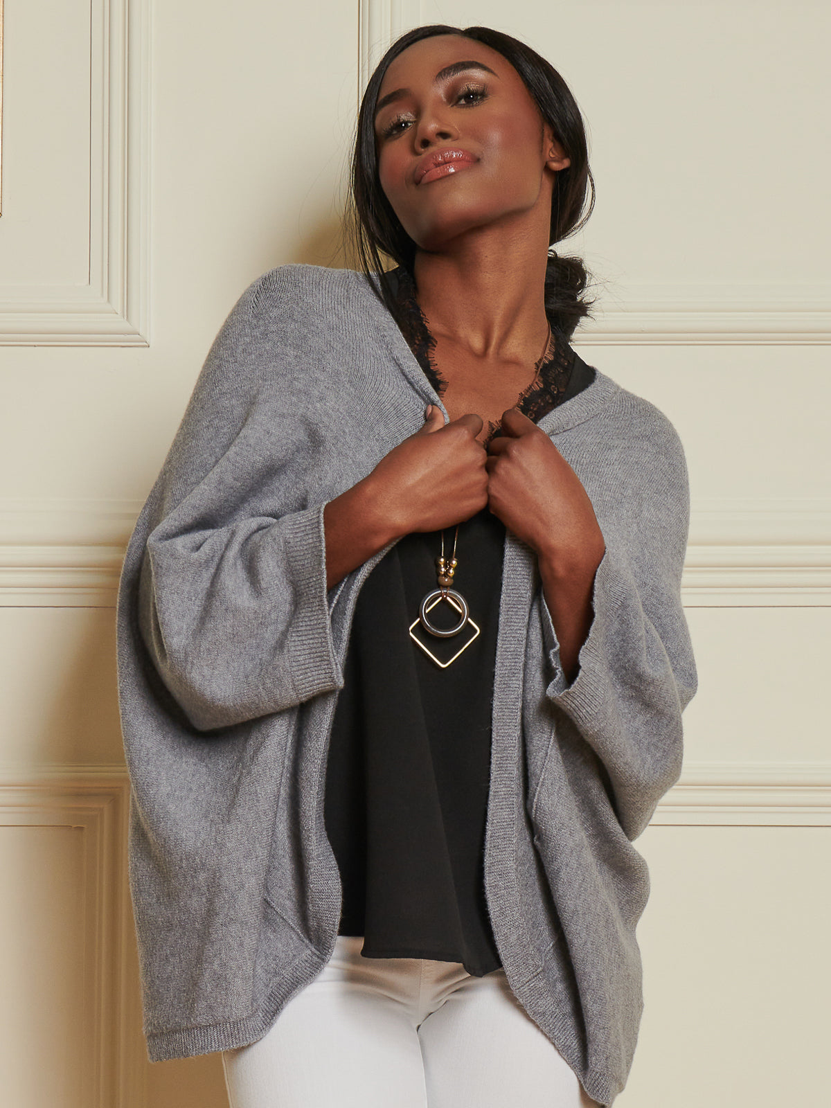 Made In Italy Loose Fit Batwing Knitted Cardigan, Grey Heather
