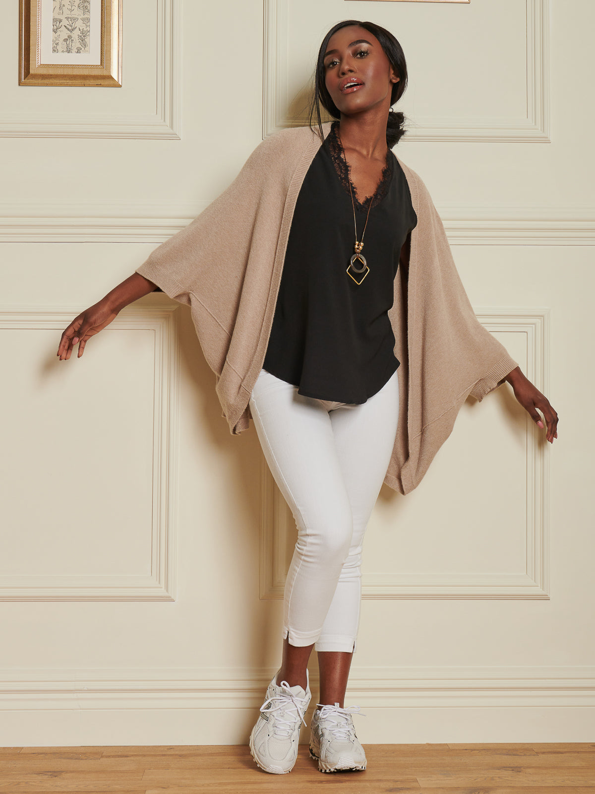 Made In Italy Loose Fit Batwing Knitted Cardigan, Light Khaki