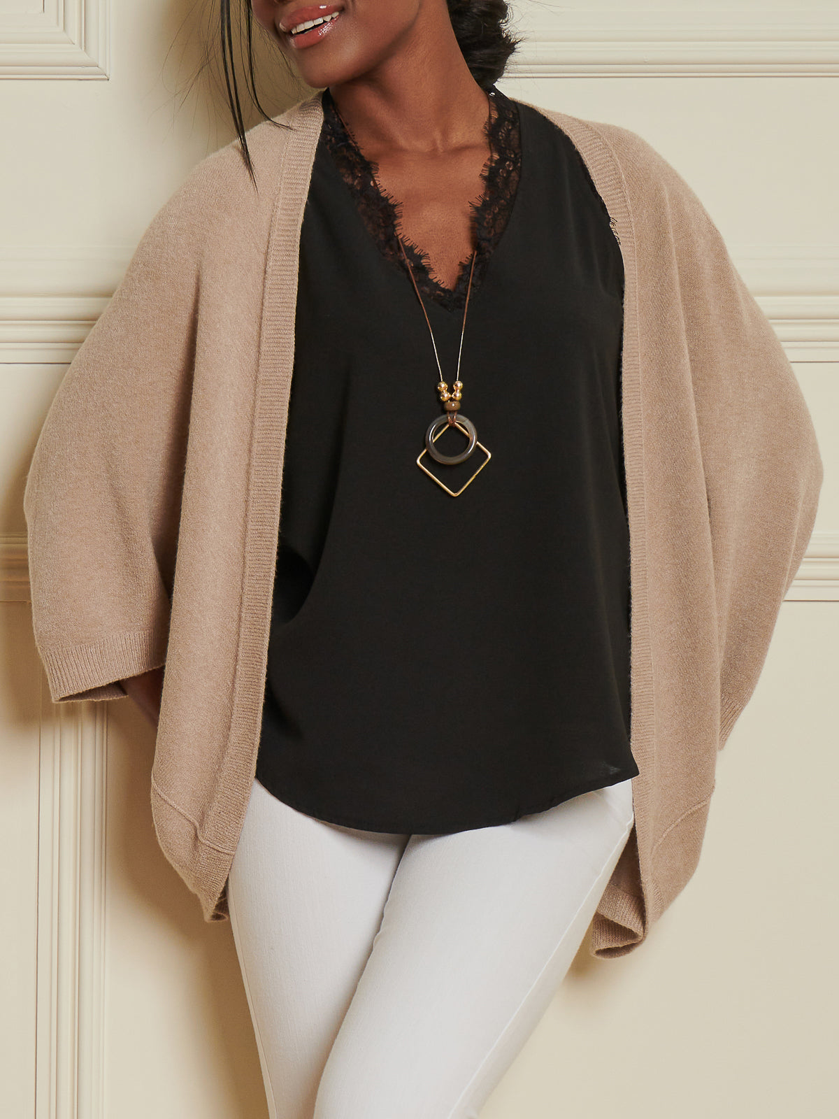 Made In Italy Loose Fit Batwing Knitted Cardigan, Light Khaki