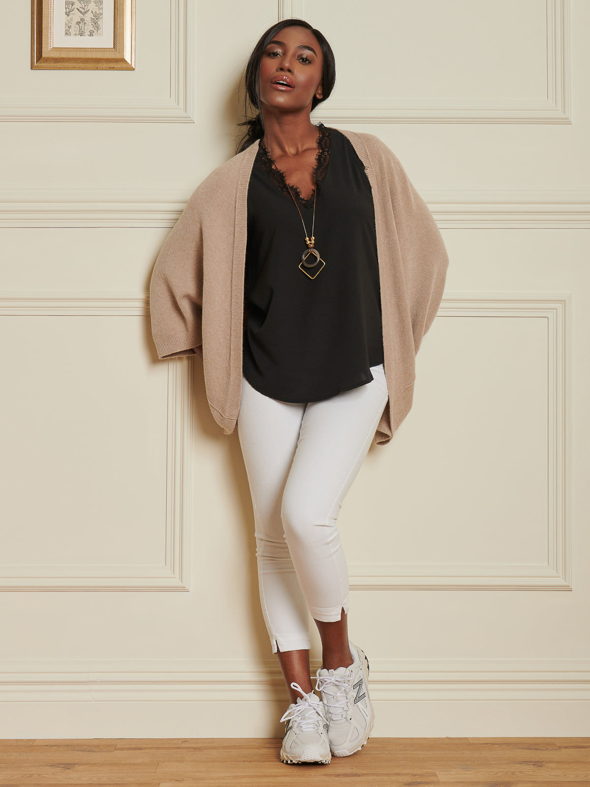 Made In Italy Loose Fit Batwing Knitted Cardigan, Light Khaki