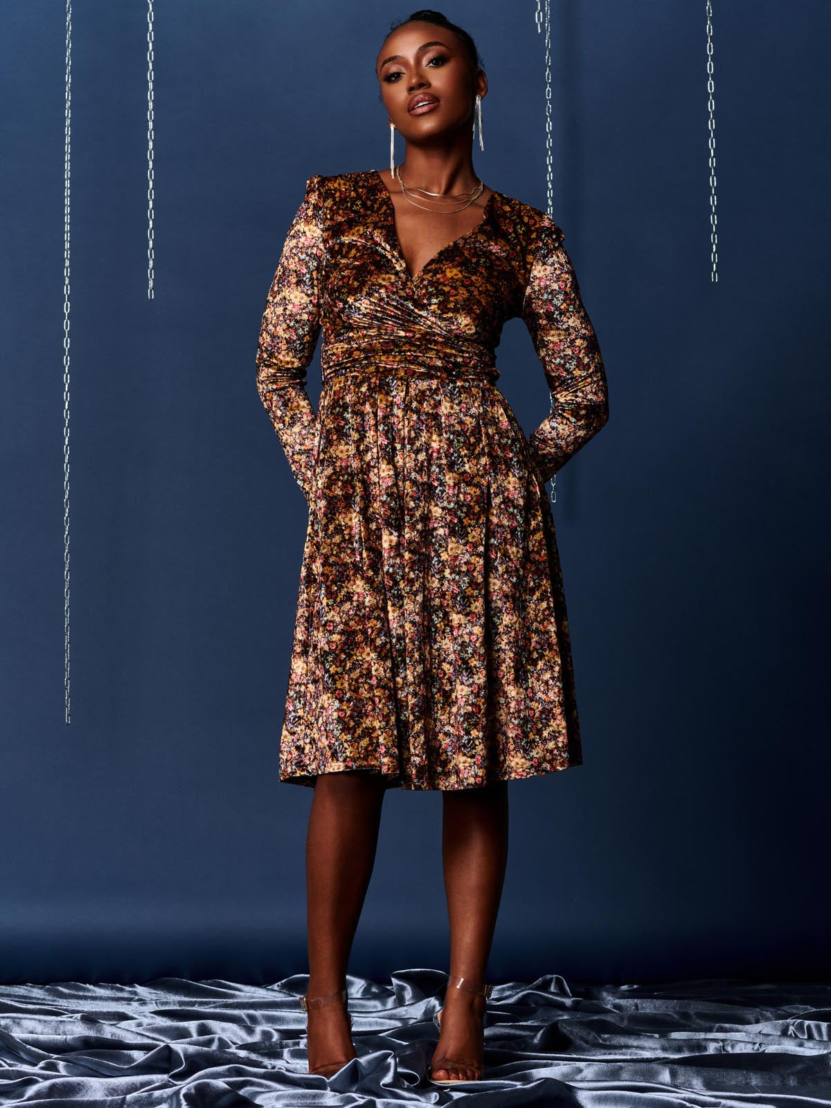 Floral Print Velvet Dress, Black Multi